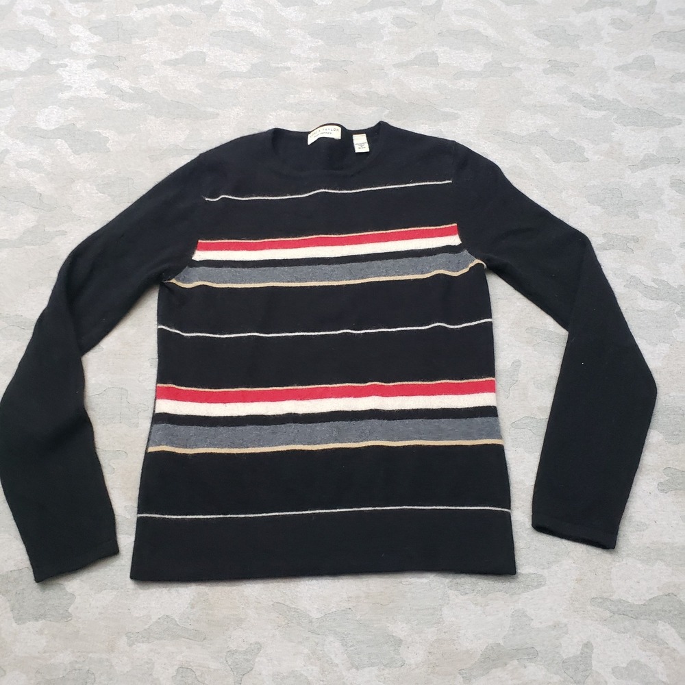 Lord & Taylor Sweater Women Small Black Striped Cashmere Pullover Knitted Preppy